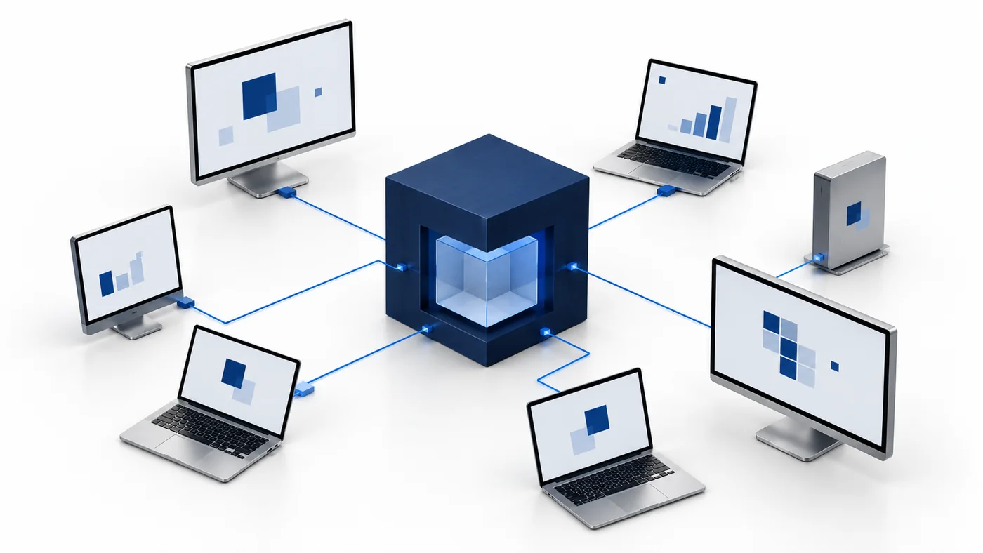 Angular monitors and laptops connected around a navy gateway cube