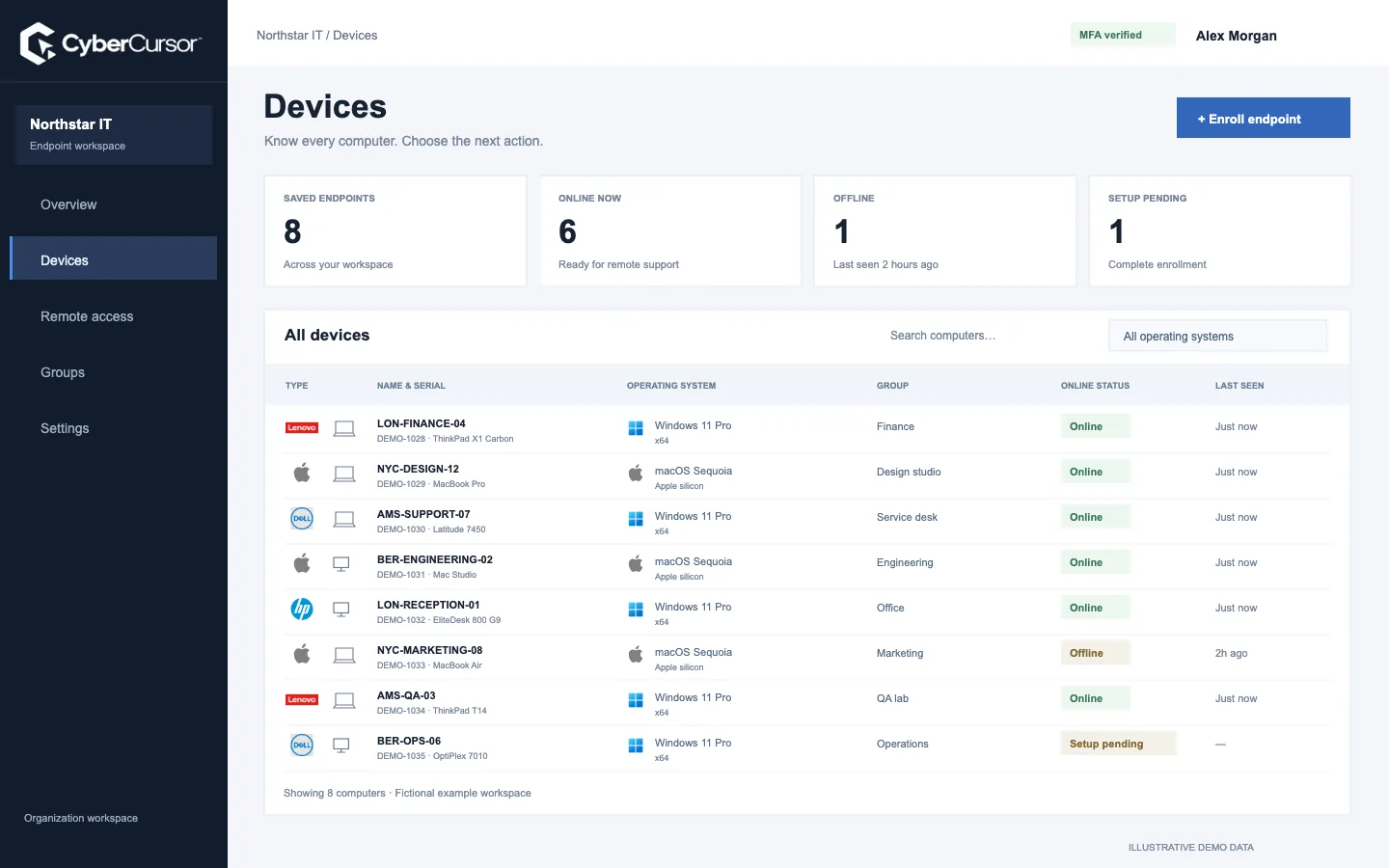 CyberCursor endpoint interface illustration with fictional Northstar IT devices