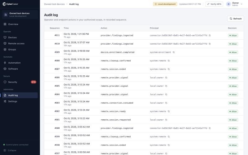 Audit trail in the CyberCursor owned test lab